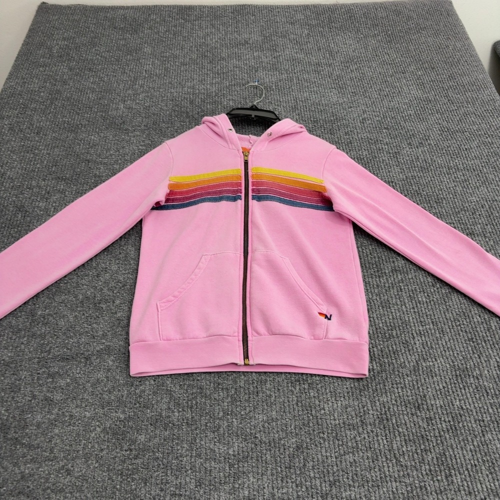 Aviator Nation Hoodie Girls 14 Pink Cotton Blend Rainbow Stripe Zip Casual Retro